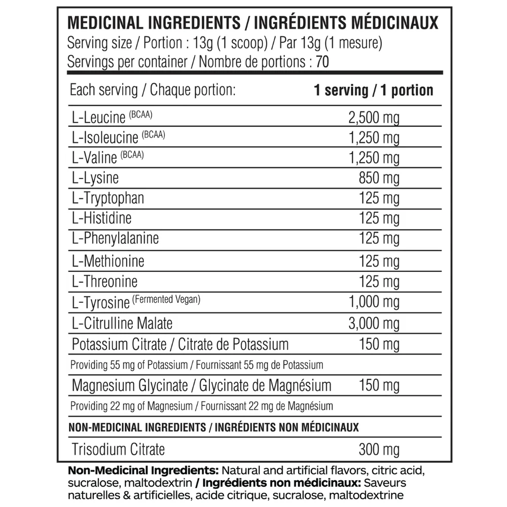 Believe Performance EAA 70 serving nutrition label close-up, highlighting essential amino acids for muscle growth, preservation, recovery, and reduced soreness.