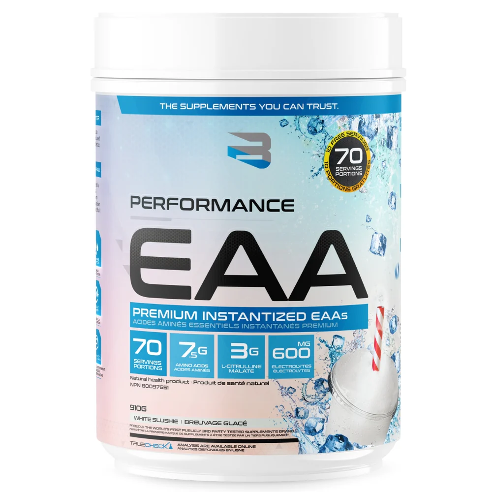 Believe Performance EAA 70 serving bottle, white with blue label, offering essential amino acids for muscle growth and recovery, crucial for fitness enthusiasts.