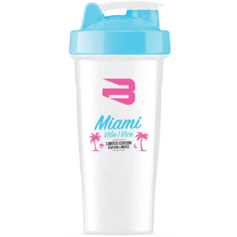 Believe Miami Vice Shaker, a sleek white and blue shaker, ideal for mixing fitness supplements, embodying Sector 6's commitment to high-quality, performance-enhancing products.