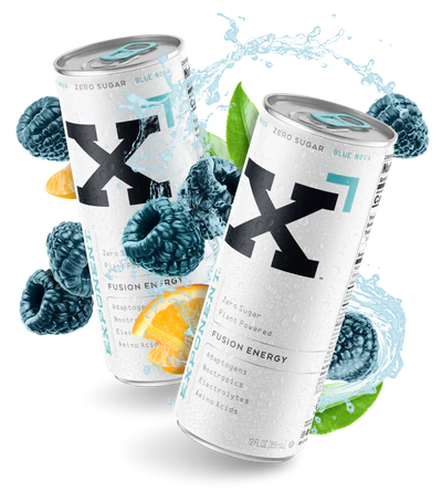 Cans of Xponent Fusion Energy drink with vibrant fruit and water splashes, highlighting its sugar-free, energy-boosting formula with BCAAs and vitamins.