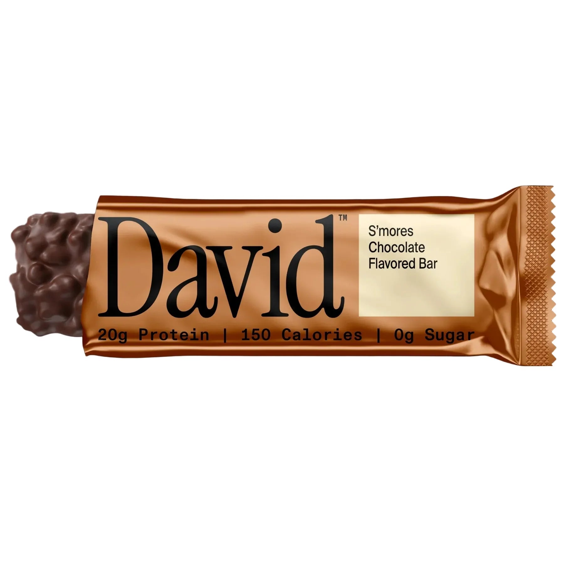 David's Crunch Bar, S’mores flavor, features 20g protein, 150 calories, 0g sugar, with a chocolate-style coating, offering a satisfying, high-protein snack option.