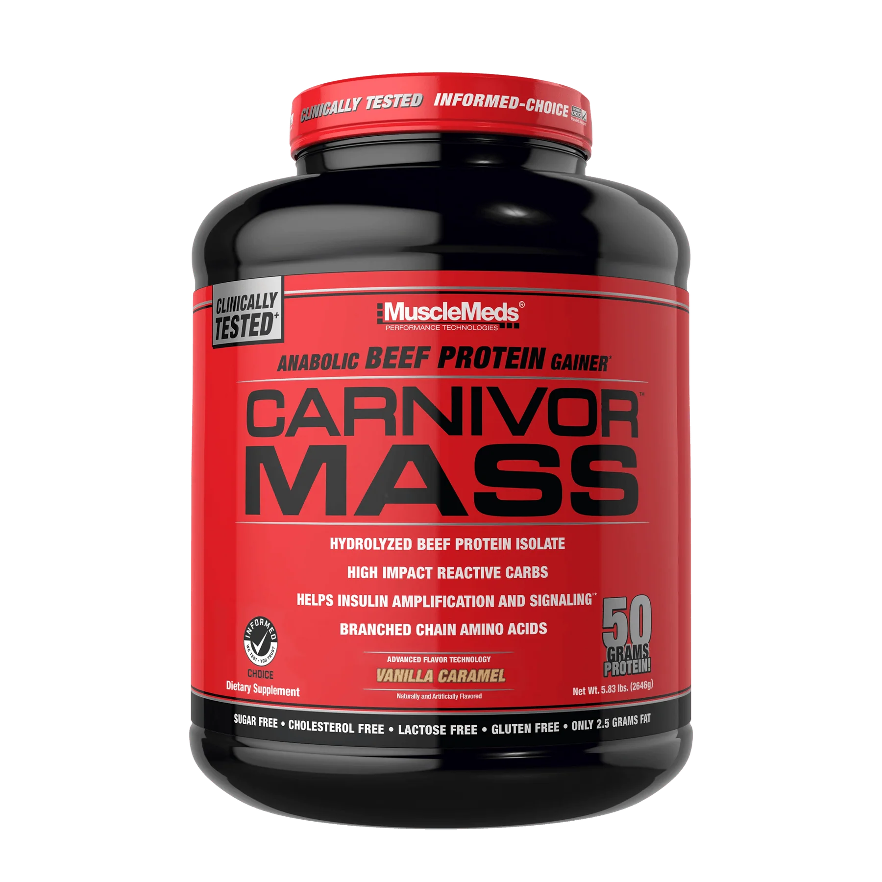 Carnivor Protein 4lb jar featuring a red label, highlighting its beef protein isolate benefits and muscle-building amino acids, ideal for fitness enthusiasts.