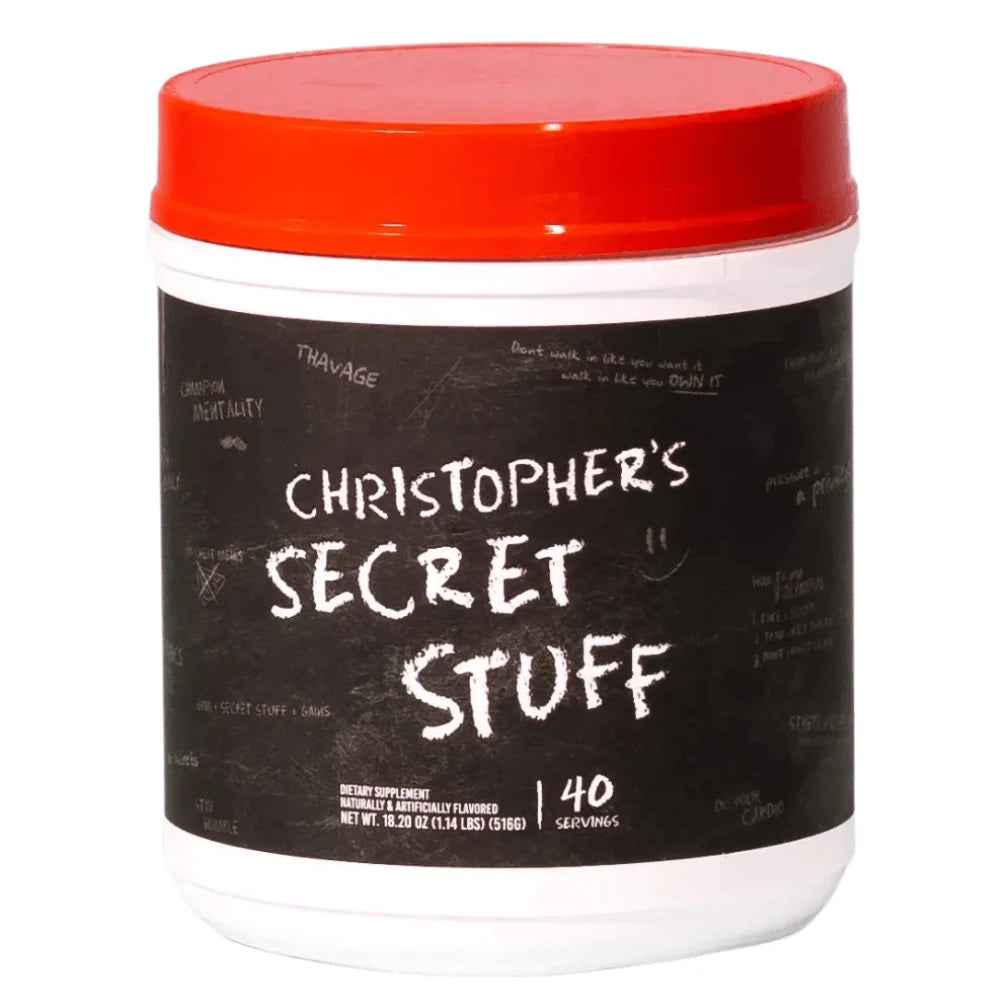 CBUM Christophers Secret Stuff pre-workout container with a red lid, promoting enhanced cellular hydration, mental focus, and energy for improved athletic performance.