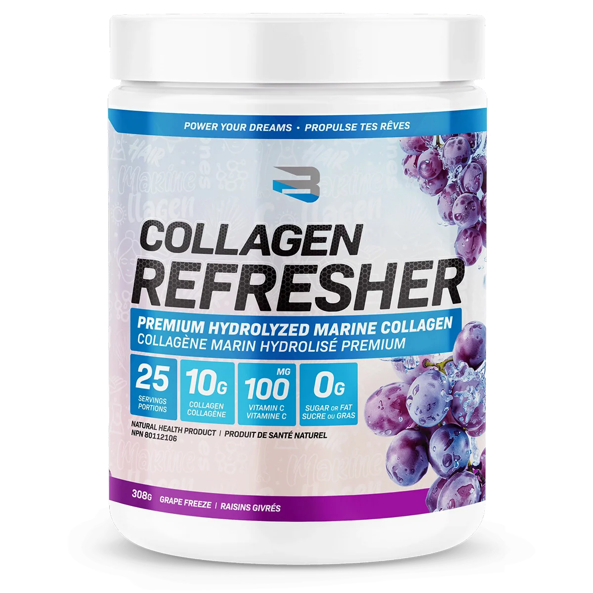 Believe Collagen Refresher tub, grape-freeze flavor, premium marine collagen powder with 10g collagen, 100mg vitamin C per serving; supports skin, hair, nails, joints.