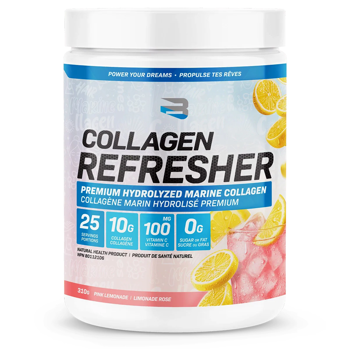 Believe Collagen Refresher canister with 25 servings, 10g collagen, 100mg vitamin C per serving, featuring lemon slices and pink lemonade glass, tagline Power Your Dreams.