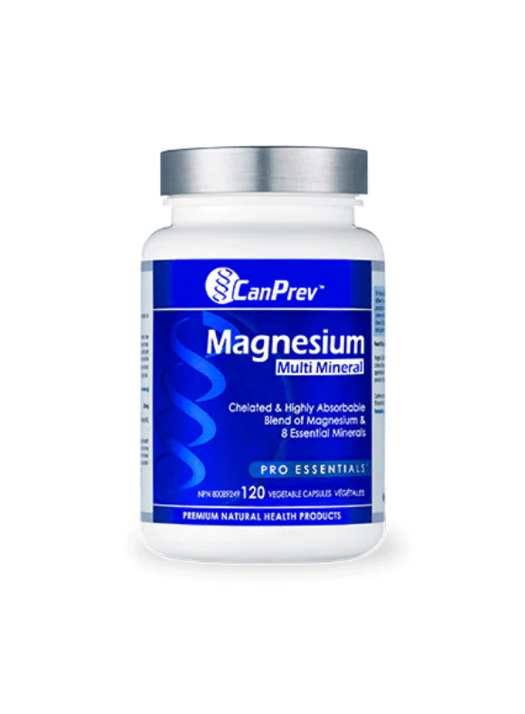 CanPrev Magnesium Multi-Mineral bottle with 120 vegetable capsules, featuring a chelated blend of magnesium and essential minerals for enhanced absorption, ideal for fitness enthusiasts.