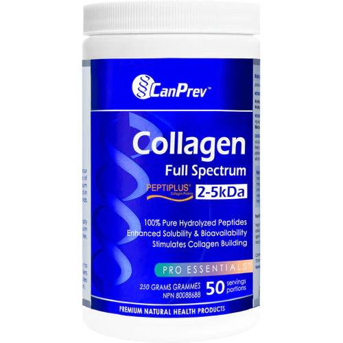 CanPrev Collagen Full Spectrum (250 g) bottle with a blue label, featuring hydrolyzed Peptiplus Bioactive Collagen Peptides for joint and skin health.