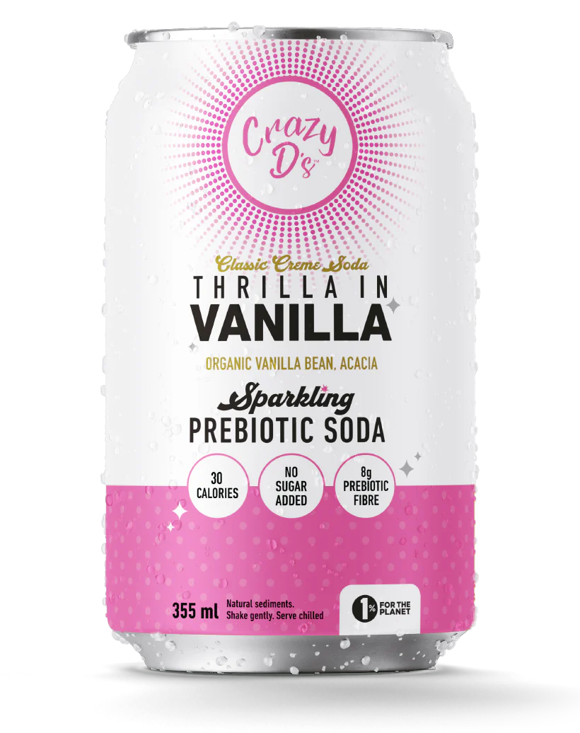 Crazy D's Probiotic Soda can with pink and white label, featuring prebiotic benefits for gut health and fitness support, available at Sector 6 Supplements.