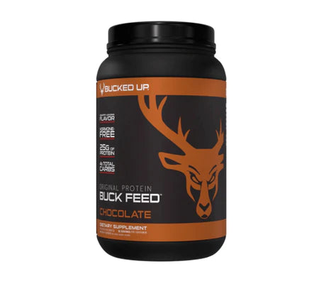 Bucked Up Buck Feed Protein in a black container with a brown label, featuring 25g grass-fed, hormone-free protein, ideal for extraordinary muscle building and weight management.