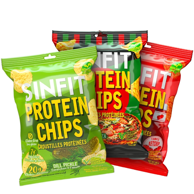 SINFIT Protein Chips bags, showcasing a high-protein, low-carb snack option with a crunchy texture, ideal for fitness enthusiasts seeking nutritious convenience.