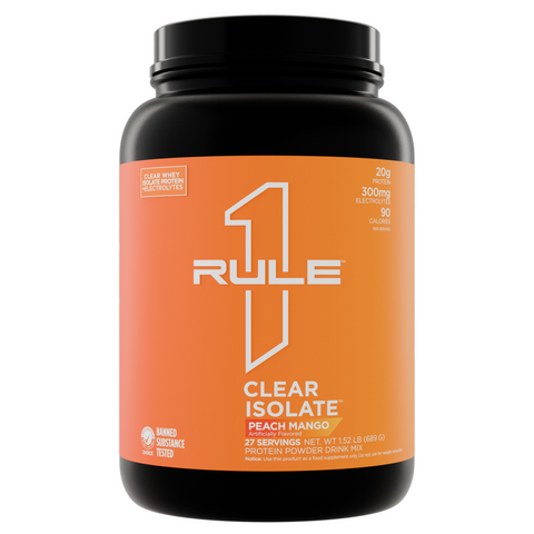 Rule 1 Clear Isolate 2lb, a black jar with an orange label, offers refreshing whey protein isolates enhanced with electrolytes, ideal for fitness enthusiasts.