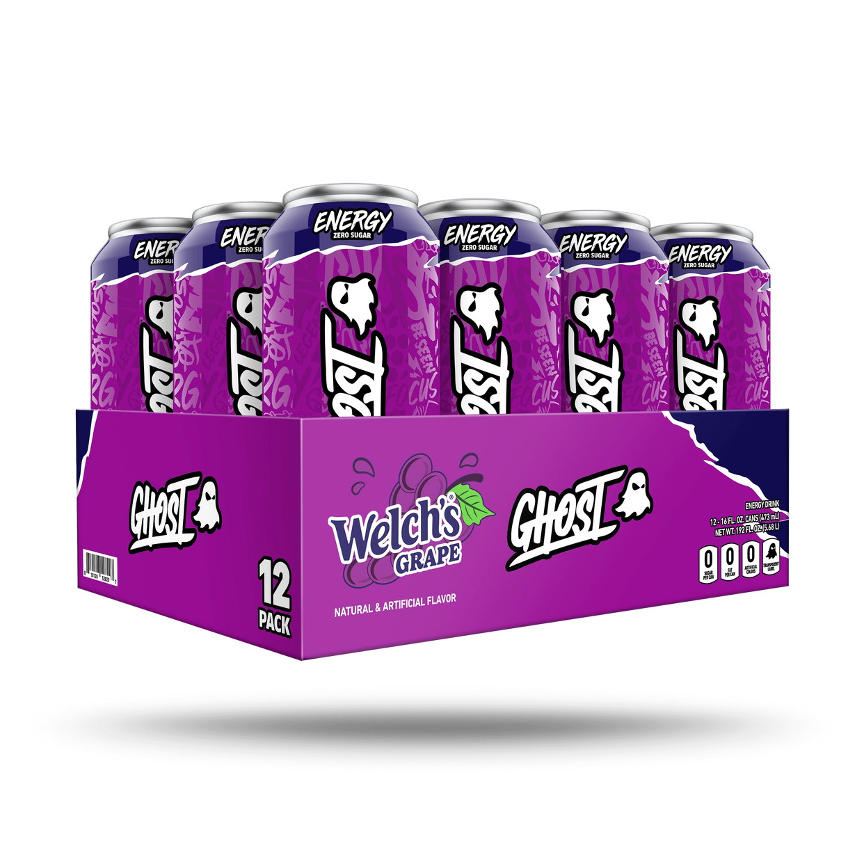 Ghost Energy Drink Case of 12, featuring zero sugars and 180mg caffeine, displayed in purple cans with a transparent packaging design for optimal energy and fitness enhancement.