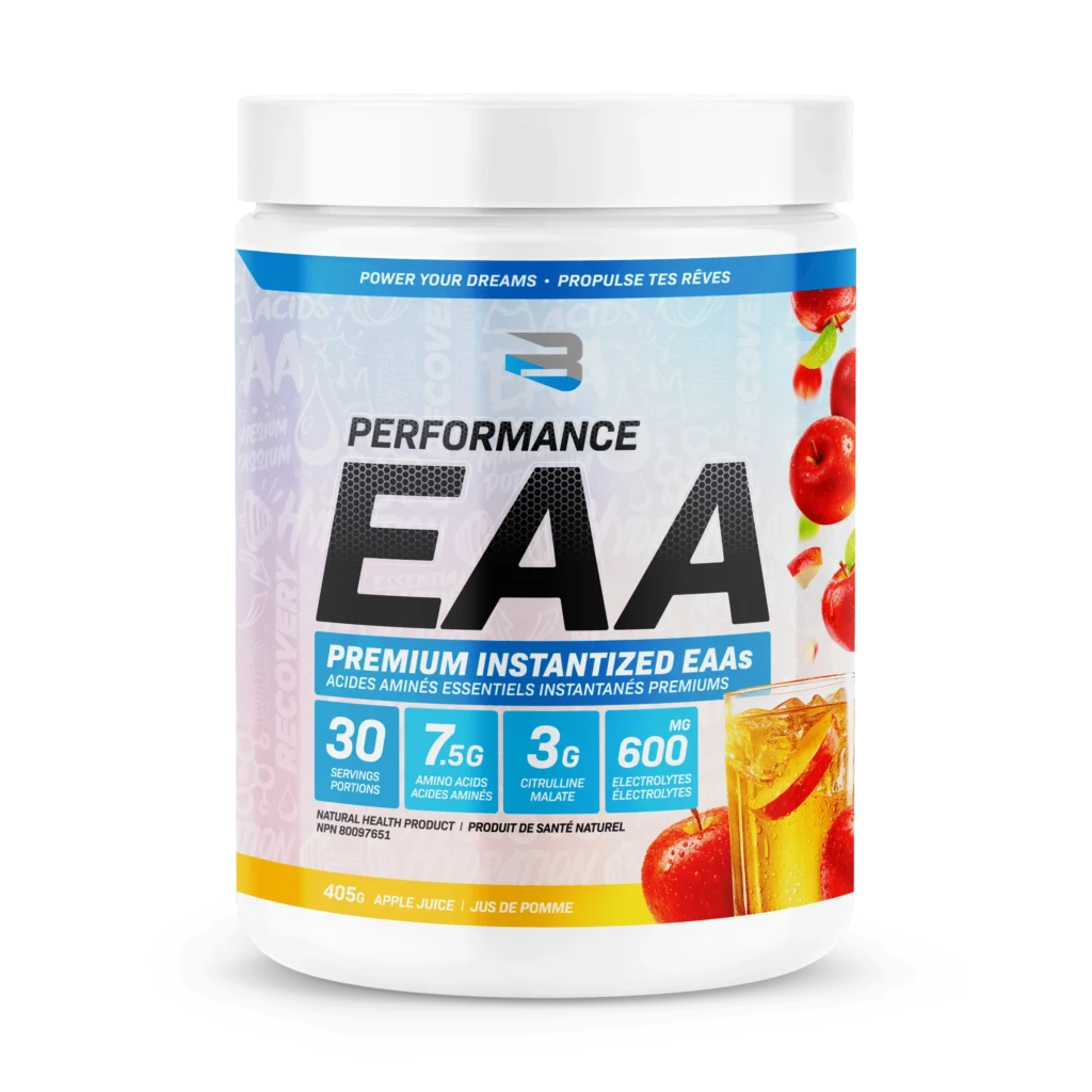 Believe EAA 30 Serving supplement in apple-juice flavor, highlighting 7.5g amino acids, 3g citrulline malate, and 600mg electrolytes, ideal for muscle growth and recovery.