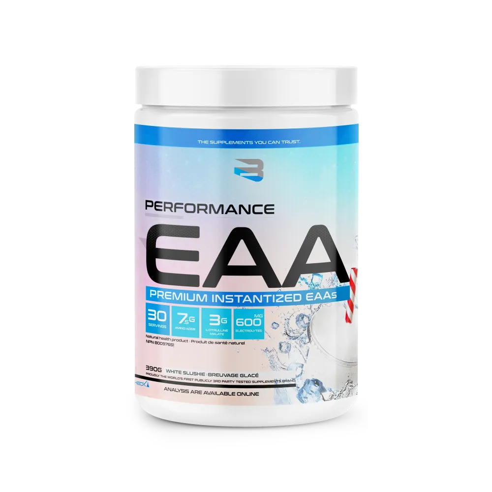 Believe EAA 30 Serving bottle with blue and white label, featuring essential amino acids for muscle growth and recovery.