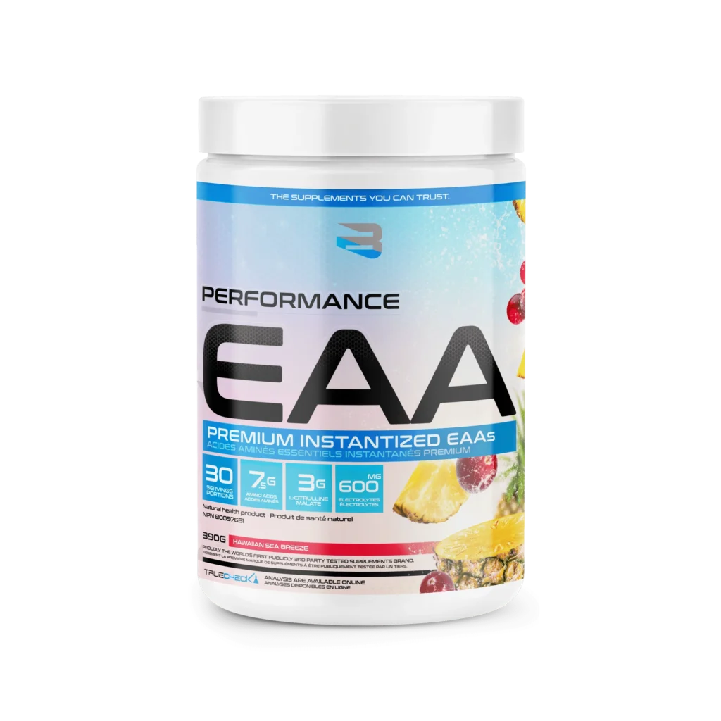 Believe EAA 30 Serving canister featuring Hawaiian Sea Breeze flavor, highlights 7g EAAs, 3g citrulline malate, 600mg electrolytes per scoop, aiding muscle growth and recovery.
