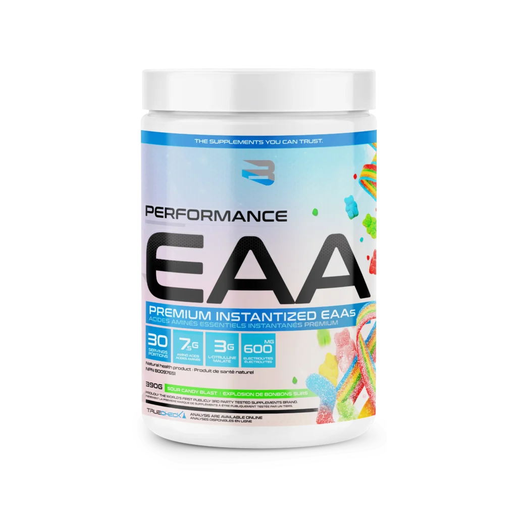 Believe EAA 30 Serving supplement tub offers 7.5g EAAs, 3g citrulline, 600mg electrolytes per serving, ideal for muscle gain and recovery, Sour Candy Blast flavor.