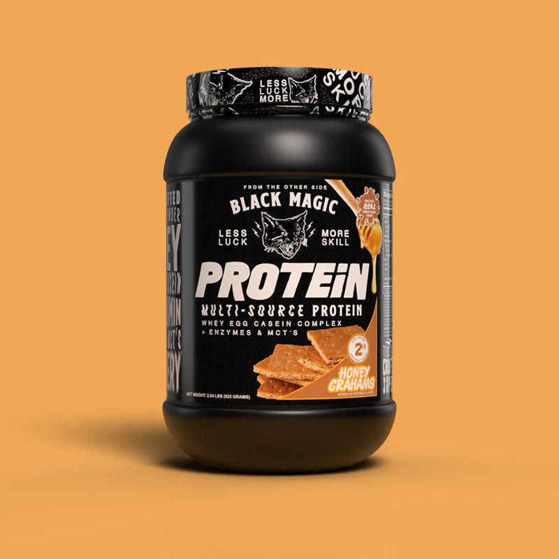 Black Magic Multi Source Protein in a sleek black jar with white text, designed for fitness enthusiasts seeking high-quality, science-backed supplements.