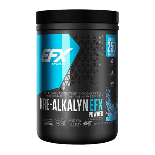 EFX Kre-Alkalyn Creatine Powder 500g container with a blue label, designed to enhance muscle size, strength, and recovery without loading or side effects.