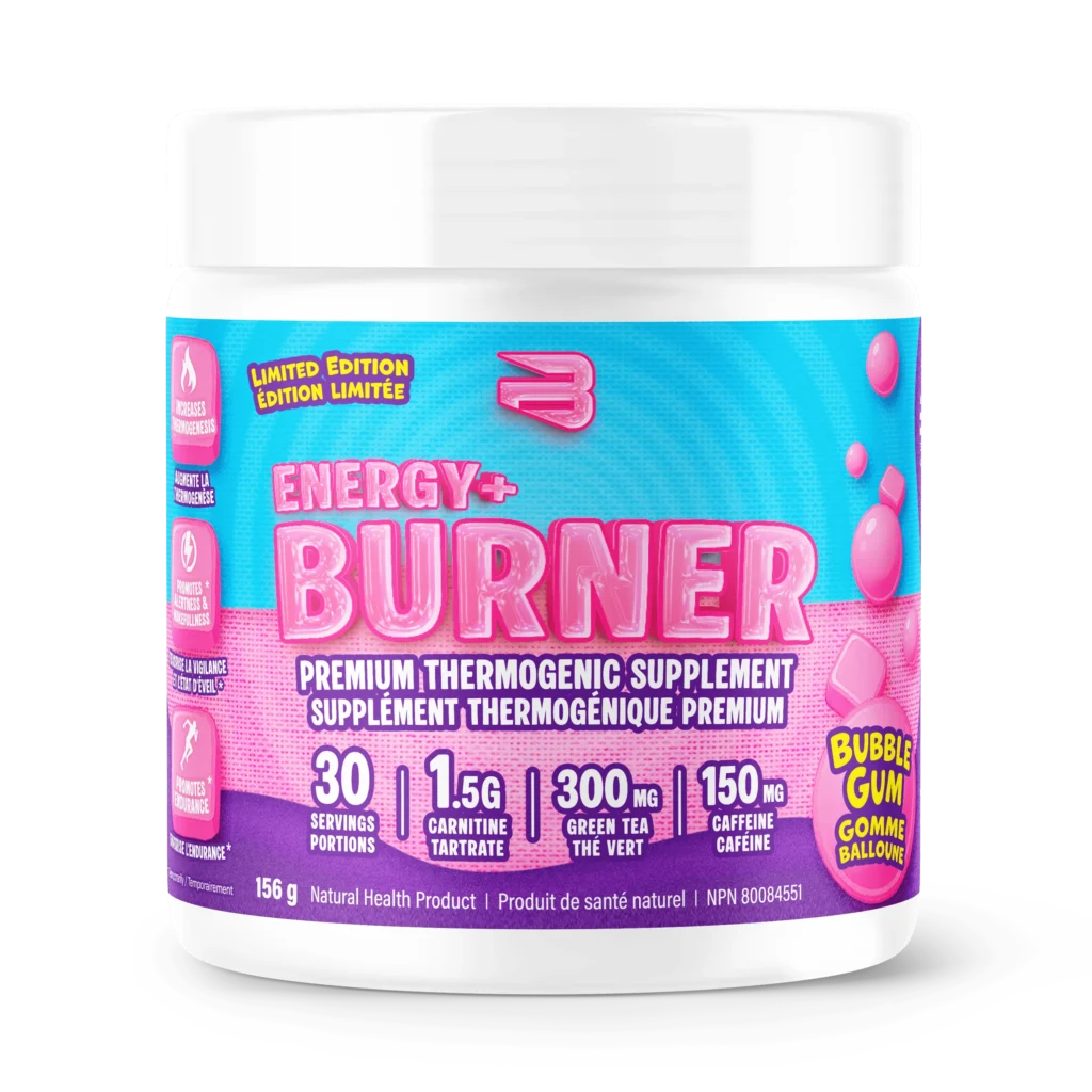 Believe Energy+ Burner, a limited edition bubble-gum flavored 156g tub, features 30 servings with L-carnitine, green tea extract, and caffeine for metabolism boosting and focus enhancement.