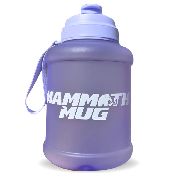 Mammoth Mug 2.5L, a purple plastic water bottle with a sturdy handle, designed for fitness enthusiasts seeking hydration during intense workouts.