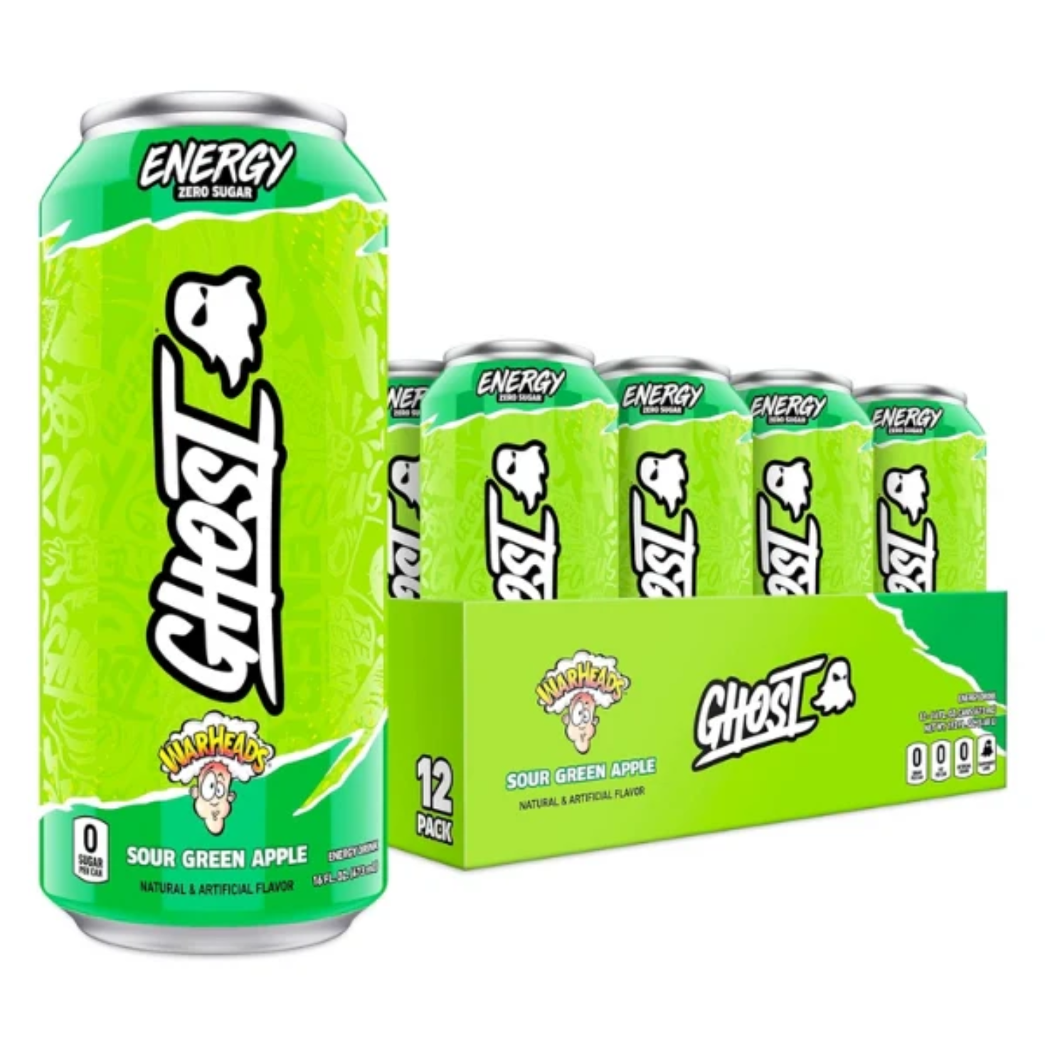 Ghost Energy Drink Case of 12 displayed in green cans, featuring zero sugar, 180mg caffeine, and authentic flavors, ideal for fitness enthusiasts seeking a refreshing energy boost.