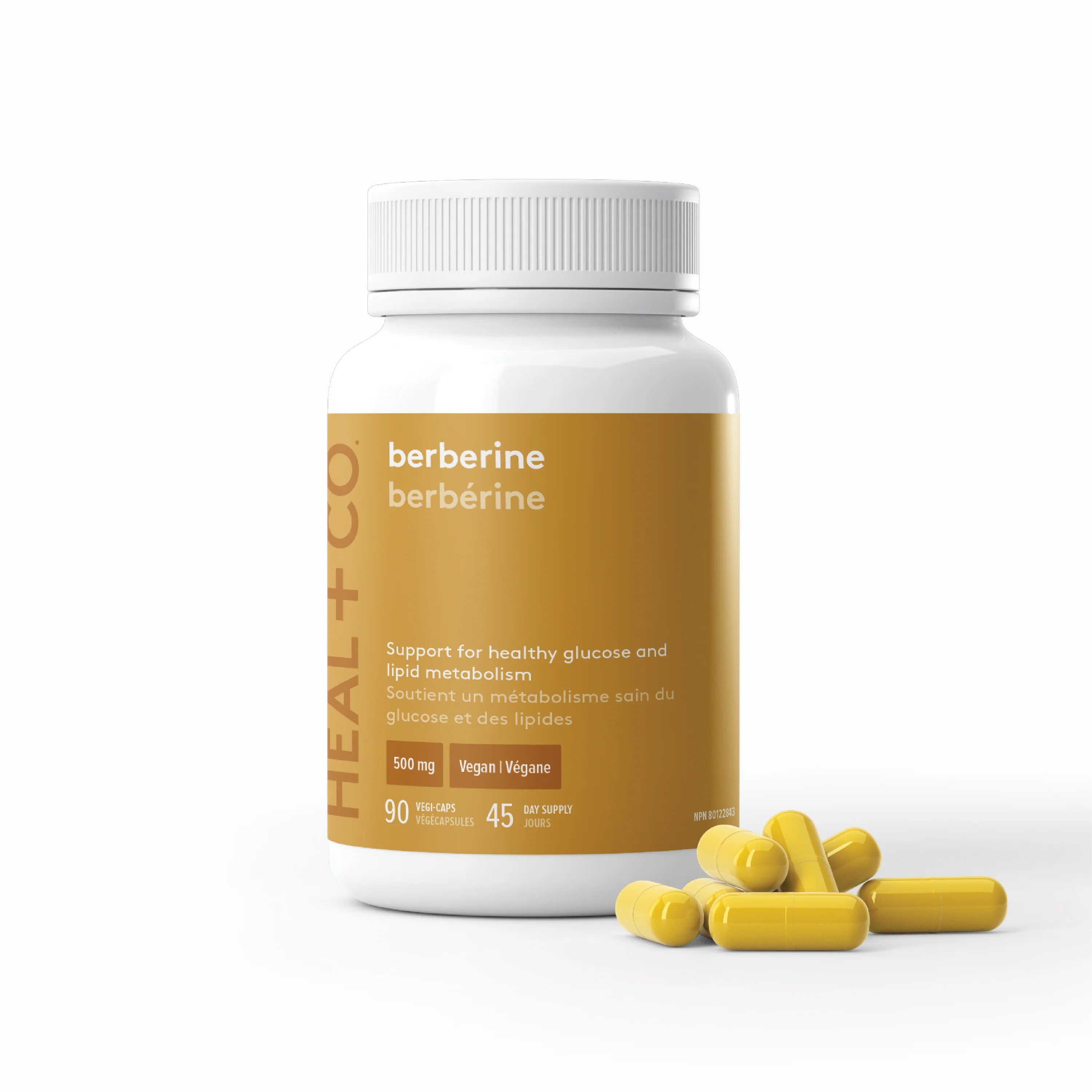 Heal+Co Berberine 90 cap, prescription drug, supports glucose and lipid metabolism, maintains blood sugar levels; vegan, non-GMO, gluten-free, allergen-free. Close-up of bottle and pills.