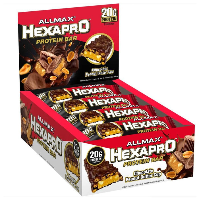 Allmax Hexapro Protein Bar Case of 12; a box with close-up views of chocolate peanut butter bars, ideal for fitness enthusiasts seeking high-protein, low-sugar snacks.