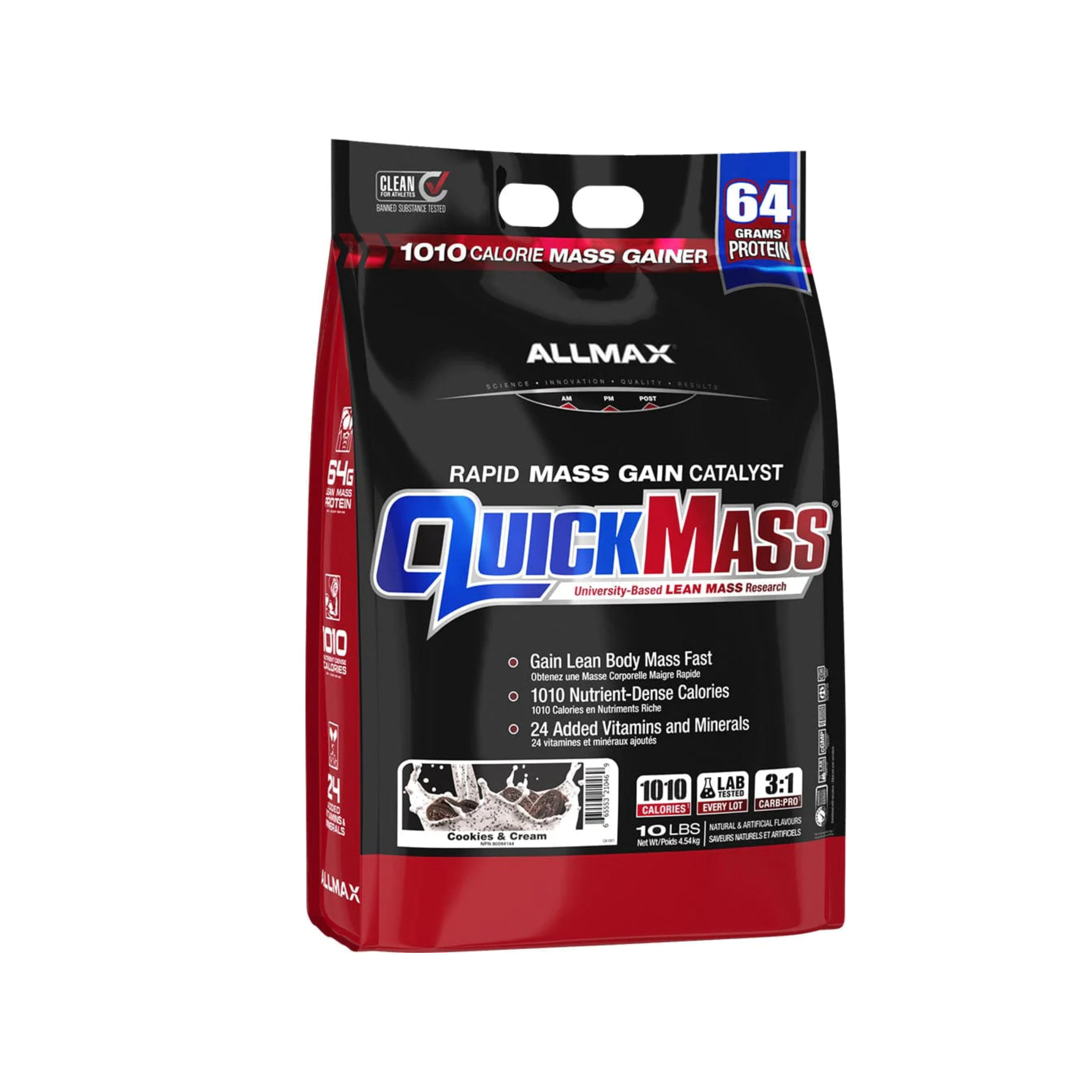 Allmax Quickmass 10lb protein bag featuring white text, highlighting its 1010 calorie mass gainer formula with complex carbs and coconut oil for fitness enthusiasts.