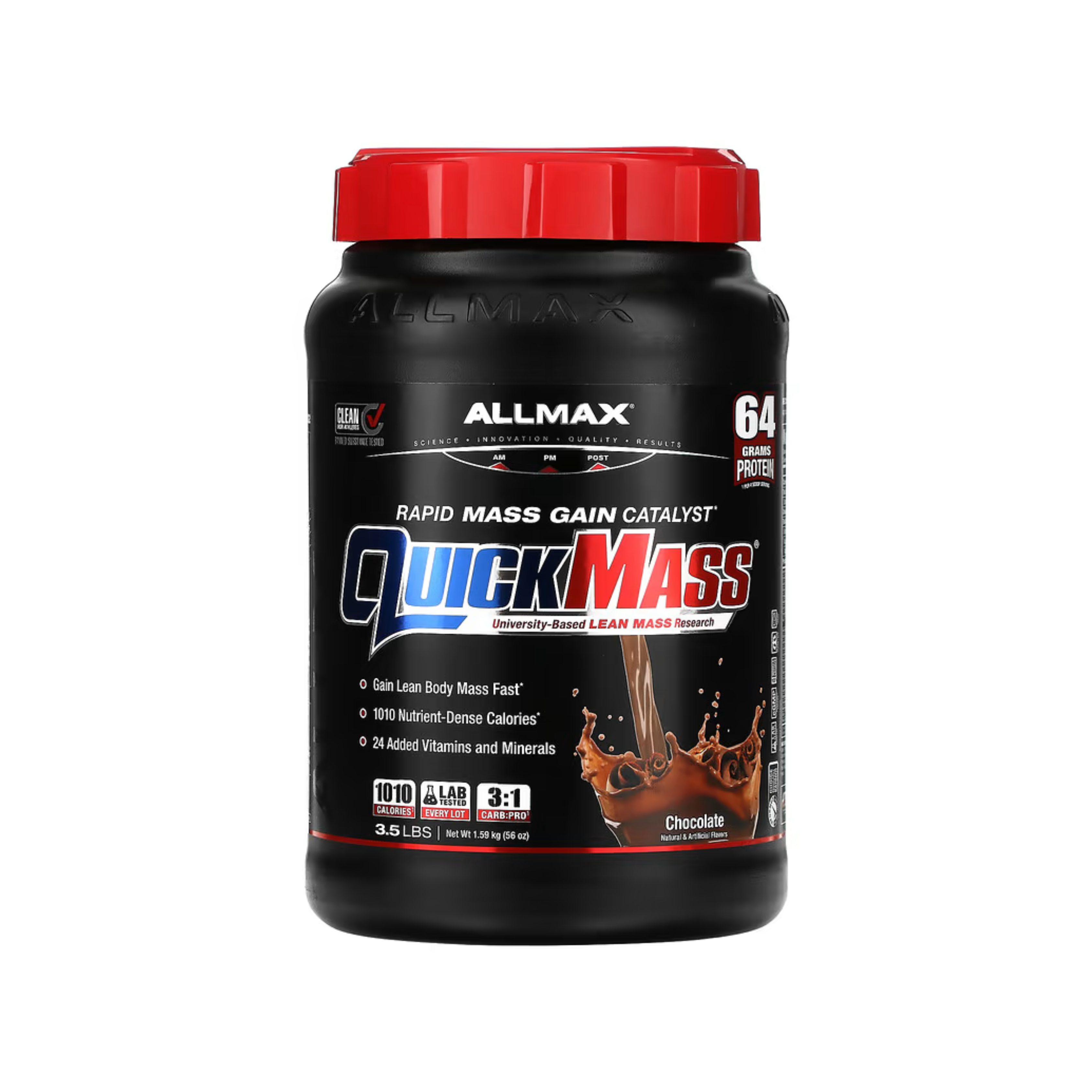 Allmax Quickmass 3.5lb container with a red lid, featuring a black label highlighting its high-protein content and lean mass benefits, suitable for athletes and fitness enthusiasts.