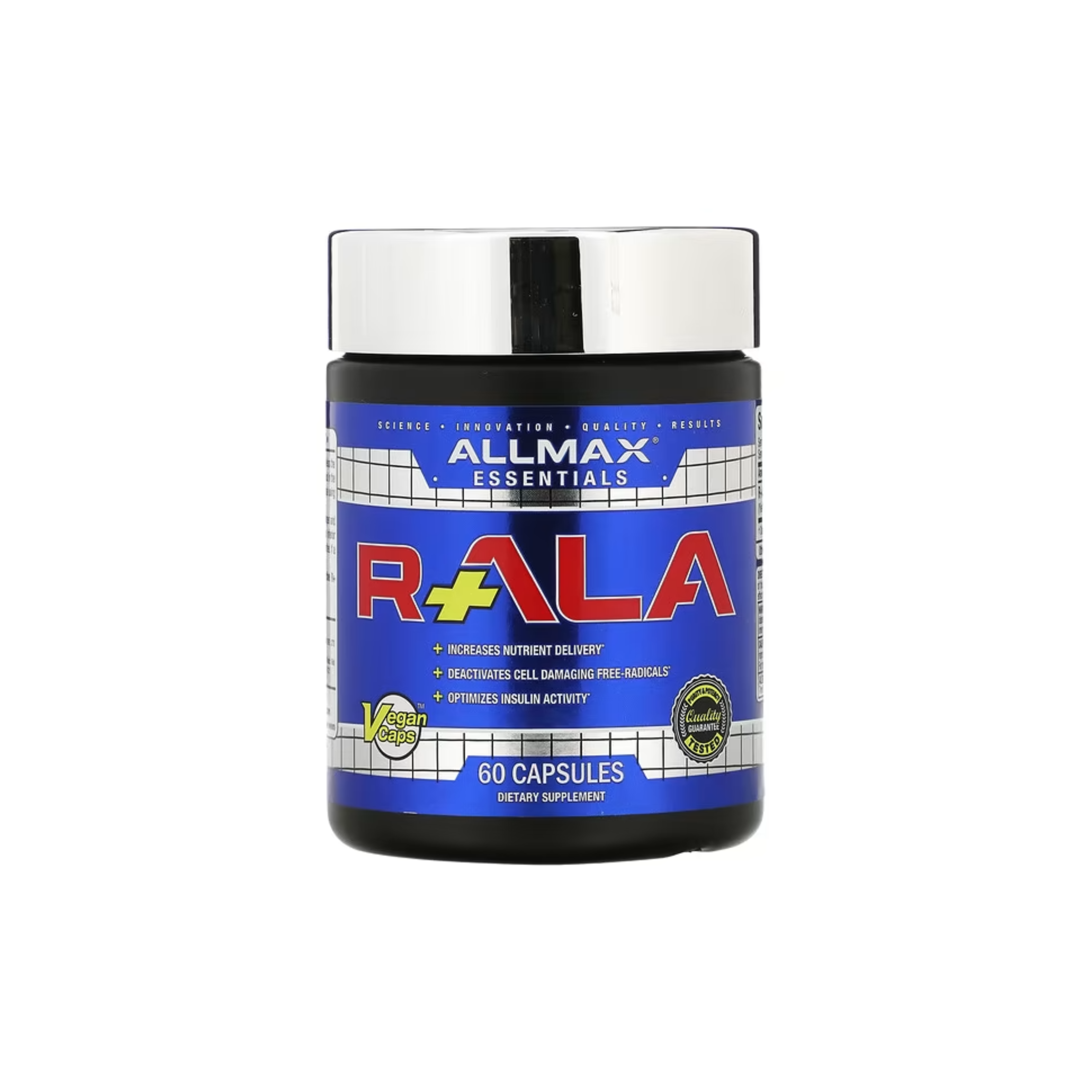 Allmax R-ALA 60 Cap bottle with blue container, featuring advanced nutrient delivery and antioxidant formula, supports fitness enthusiasts' training and recovery.