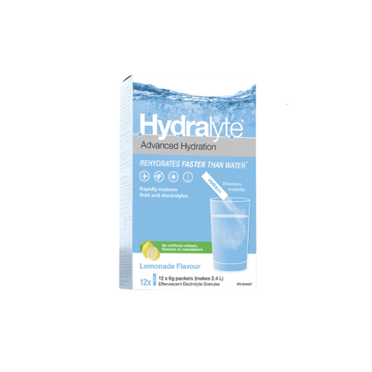 Hydralyte Electrolytes 12ct box with a steaming glass of water and a lemonade glass, showcasing rapid rehydration and electrolyte absorption for fitness enthusiasts.