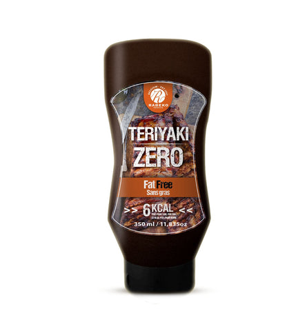 Rabeko Sugar Free Sauce in a 350 ml squeeze bottle, labeled TERIYAKI ZERO, highlighting fat-free and 6 kcal per serving. Ideal for healthy, low-calorie meals.