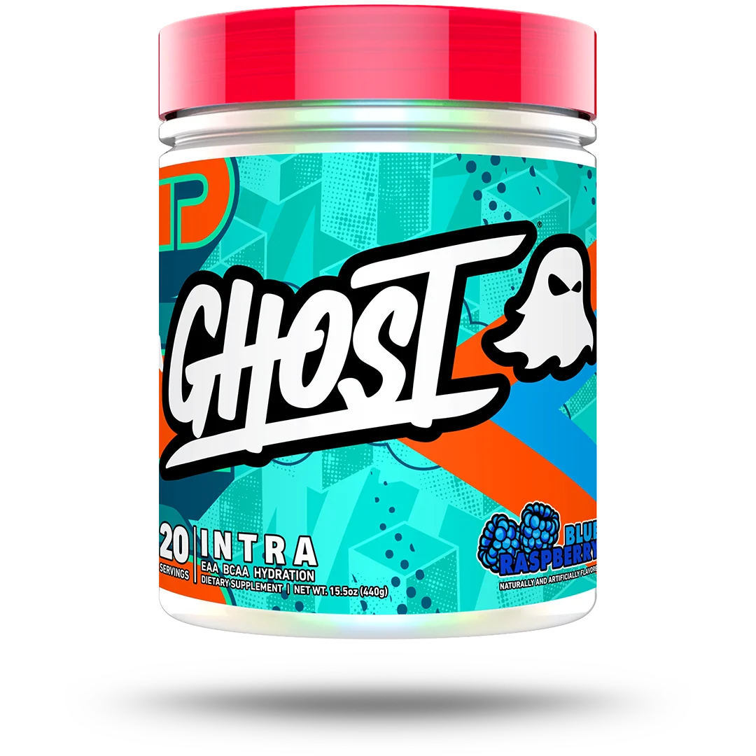 GHOST Intra Blue Raspberry container, intra-workout supplement with 10g EAAs and BCAAs, offering 20 servings for hydration and focus enhancement.