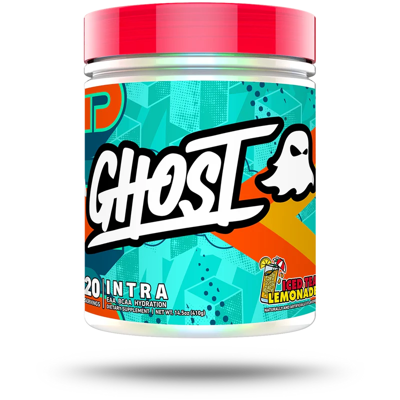 GHOST Intra hydration supplement, 14.5 oz, Iced Tea Lemonade flavor. Features 10g EAAs, Taurine, Cognizin, and KSM66 for enhanced workout focus and hydration.
