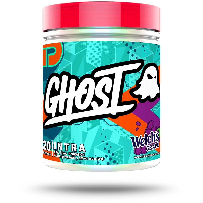 GHOST Intra workout supplement in Welch’s Grape flavor, 460g tub with 20 servings of EAA/BCAA formula, featuring a stylized logo under a red lid.