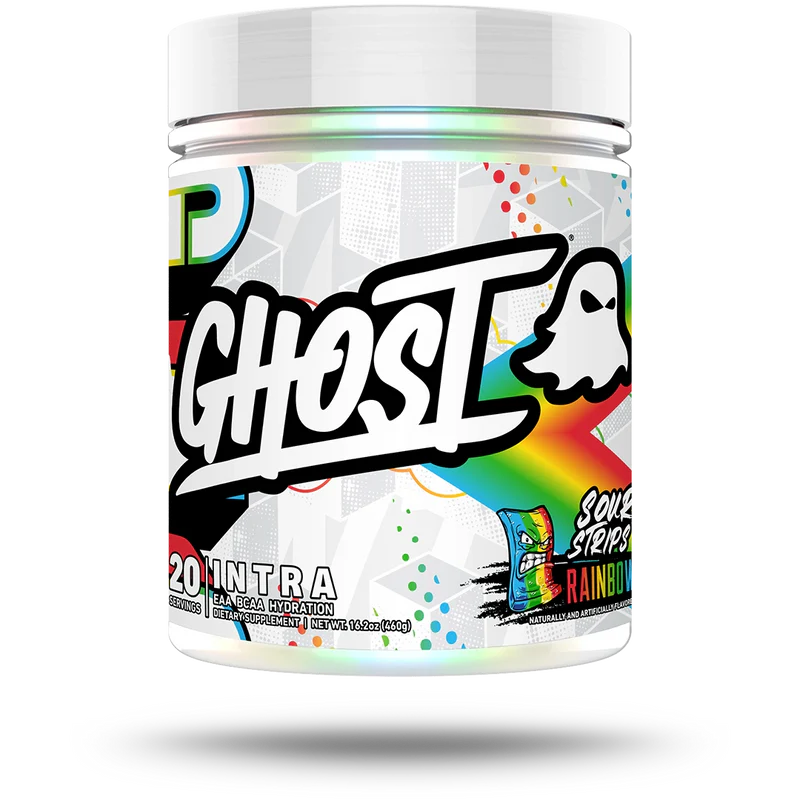 Ghost Intra supplement tub, featuring holographic label with Ghost logo. Sour Strips Rainbow flavor, offering 10G EAAs per serving for hydration and focus.