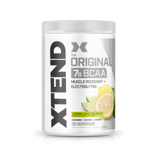 Scivation Xtend 30 Serv BCAA drink mix in a white container with black text, featuring a lemon-lime theme, designed for optimal workout recovery and performance.