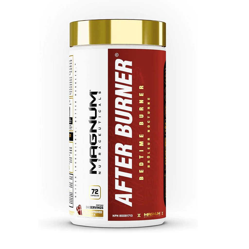 Magnum After Burner 72 cap in a white container with red label, designed to enhance fat oxidation and thermogenesis while suppressing nighttime cravings.