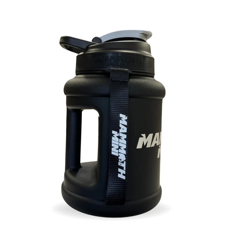 Mammoth Mug Mini 1.5L, featuring a redesigned lid, wrist lanyard, and engraved scale. Leak-proof with wide mouth, ideal for tracking hydration and supplement mixing.