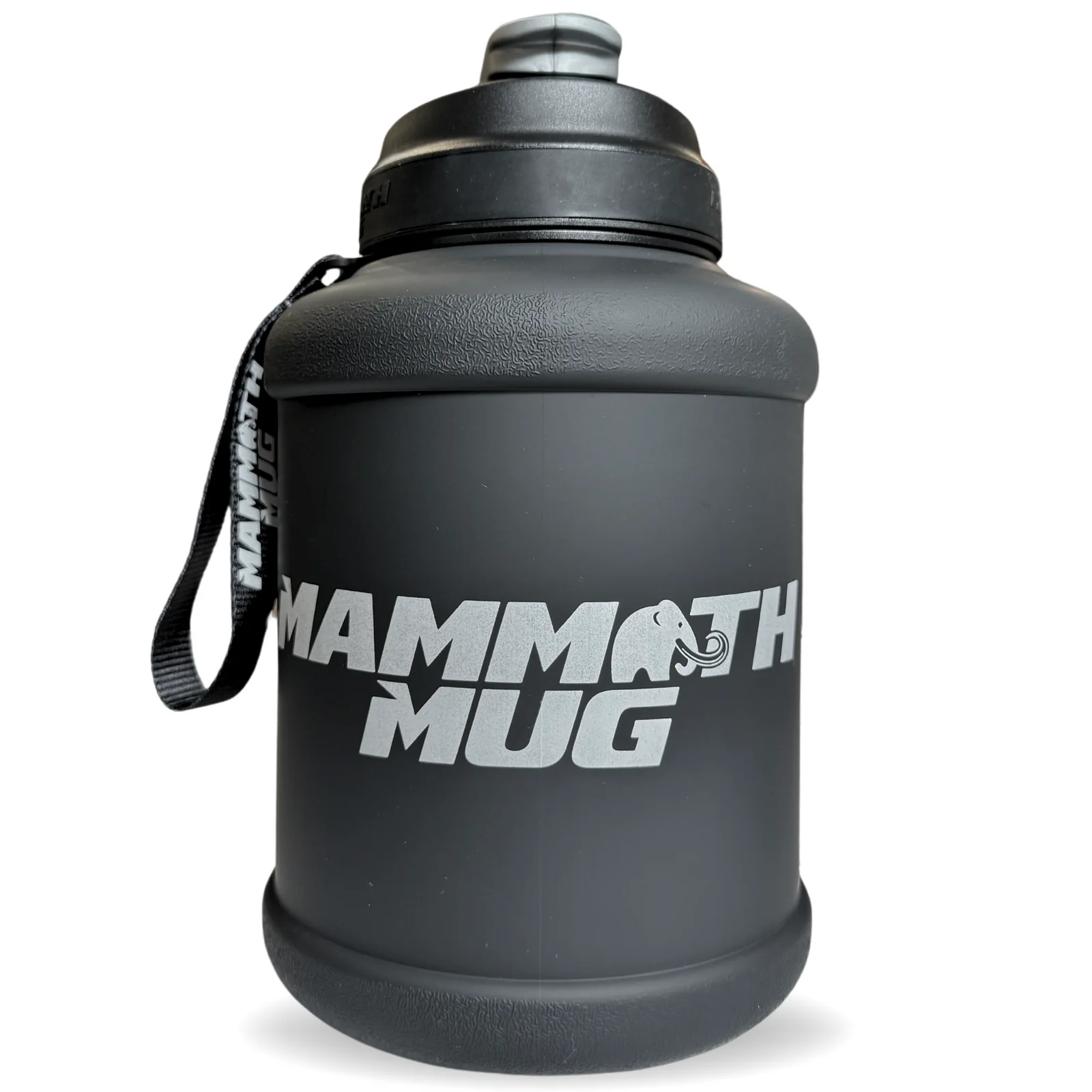 Mammoth Mug 2.5L with a wrist lanyard, engraved scale, easy-carry handle, and leak-proof cap, ideal for tracking hydration and supplement mixing.