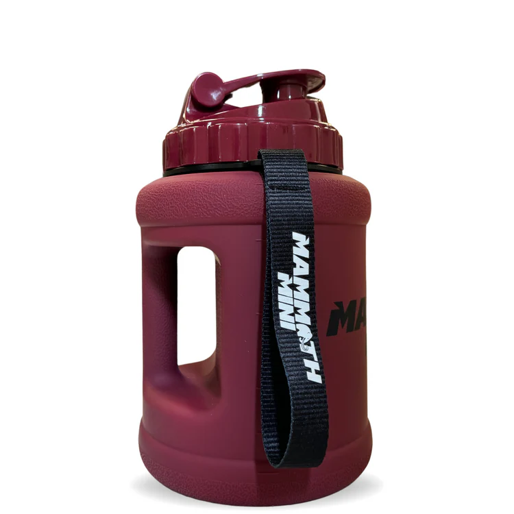 Mammoth Mug Mini 1.5L with a new lid design, wide mouth, wrist lanyard, and leak-proof cap, ideal for tracking hydration and supplement mixing.