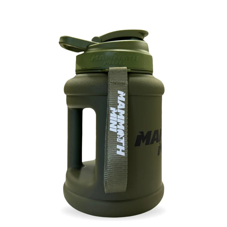 Mammoth Mug Mini 1.5L with redesigned lid, wrist lanyard, engraved scale, and leak-proof cap, ideal for tracking hydration during fitness activities.