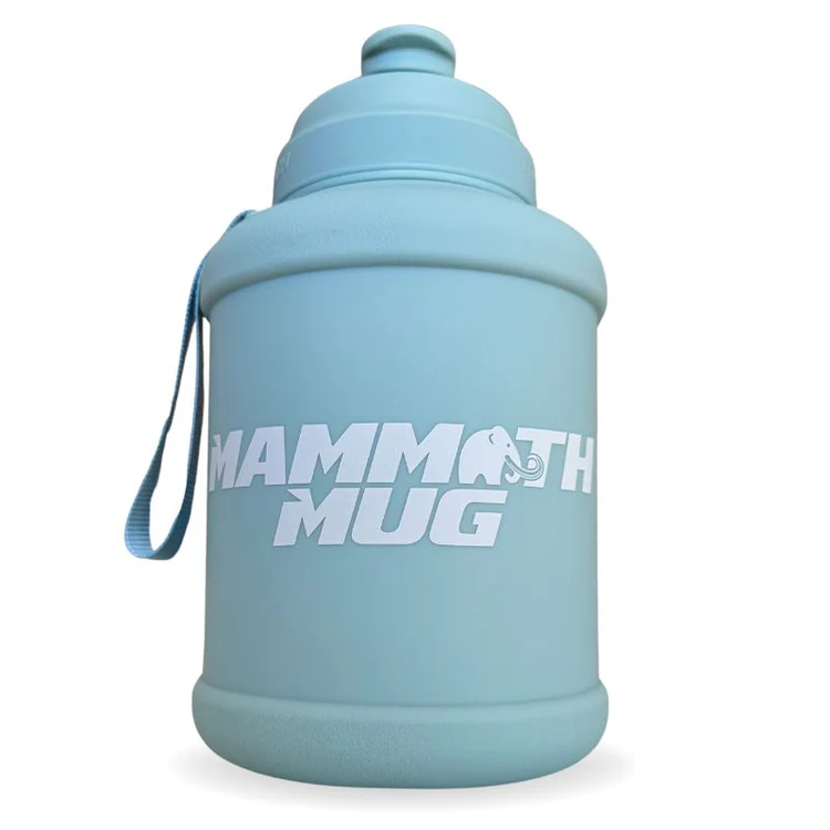 Mammoth Mug 2.5L with redesigned lid, wrist lanyard, and engraved scale for tracking water intake, features a leak-proof cap and wide mouth for easy use.