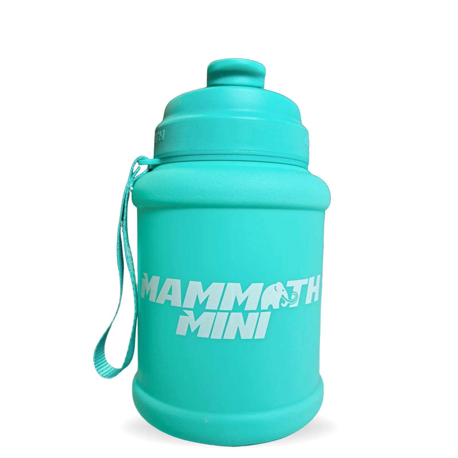 Mammoth Mug Mini 1.5L, featuring a redesigned lid and wrist lanyard, with a wide mouth for easy cleaning and an engraved scale for tracking water intake.