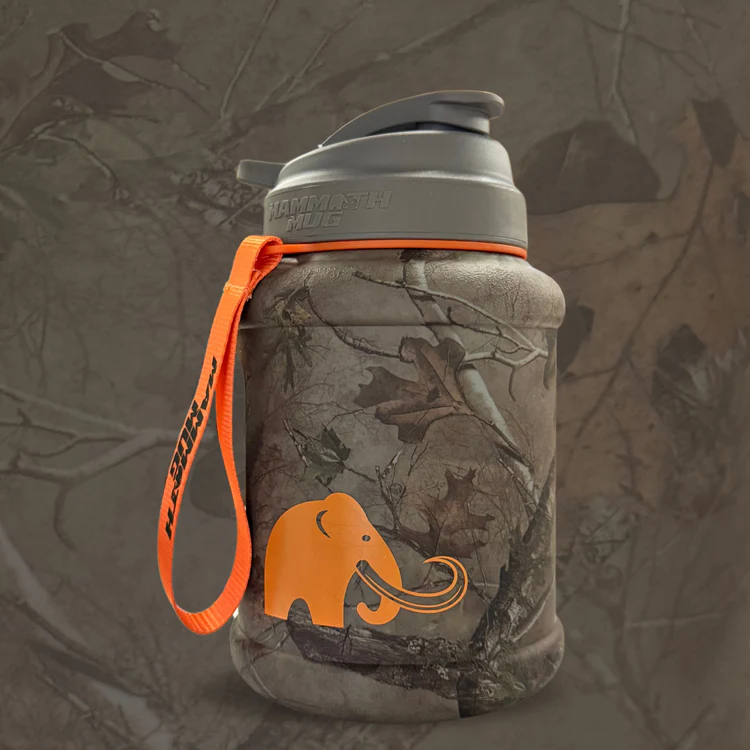 Mammoth Mug Mini 1.5L with wrist lanyard, leak-proof lid, engraved scale, and wide mouth for easy cleaning and adding supplements. Perfect for fitness enthusiasts.