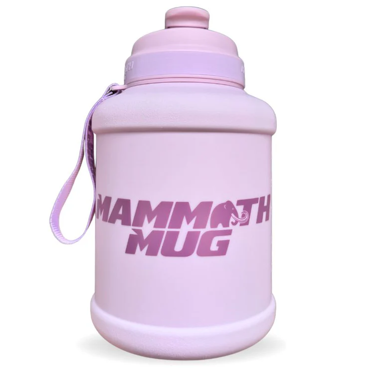 Mammoth Mug 2.5L with redesigned leak-proof lid, wrist lanyard, wide mouth, and engraved scale for tracking water intake, ideal for fitness enthusiasts.