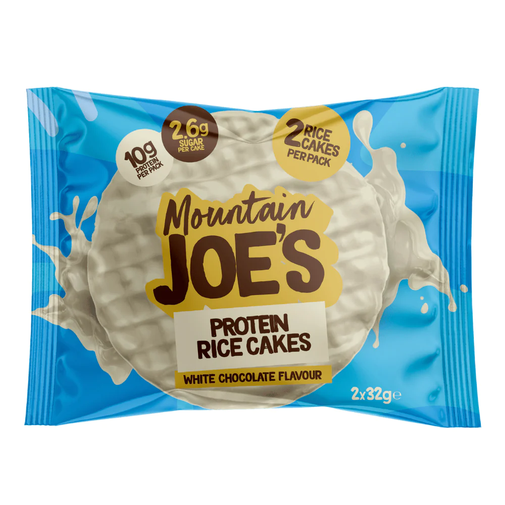 Mountain Joe's Protein Rice Cake in blue packaging, showcasing a yellow label highlighting nutritional benefits, ideal for fitness enthusiasts seeking a protein-rich snack.