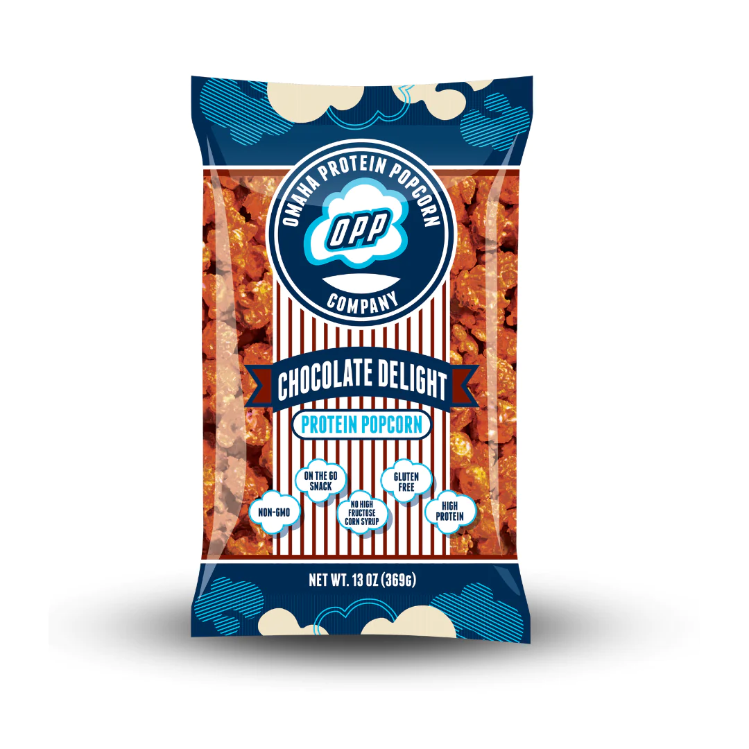 Omaha Protein Popcorn MINI Chocolate Delight, featuring chocolate-coated, high-protein, gluten-free popcorn in a convenient 13 oz bag with health-focused attributes from Omaha Protein Popcorn Company.