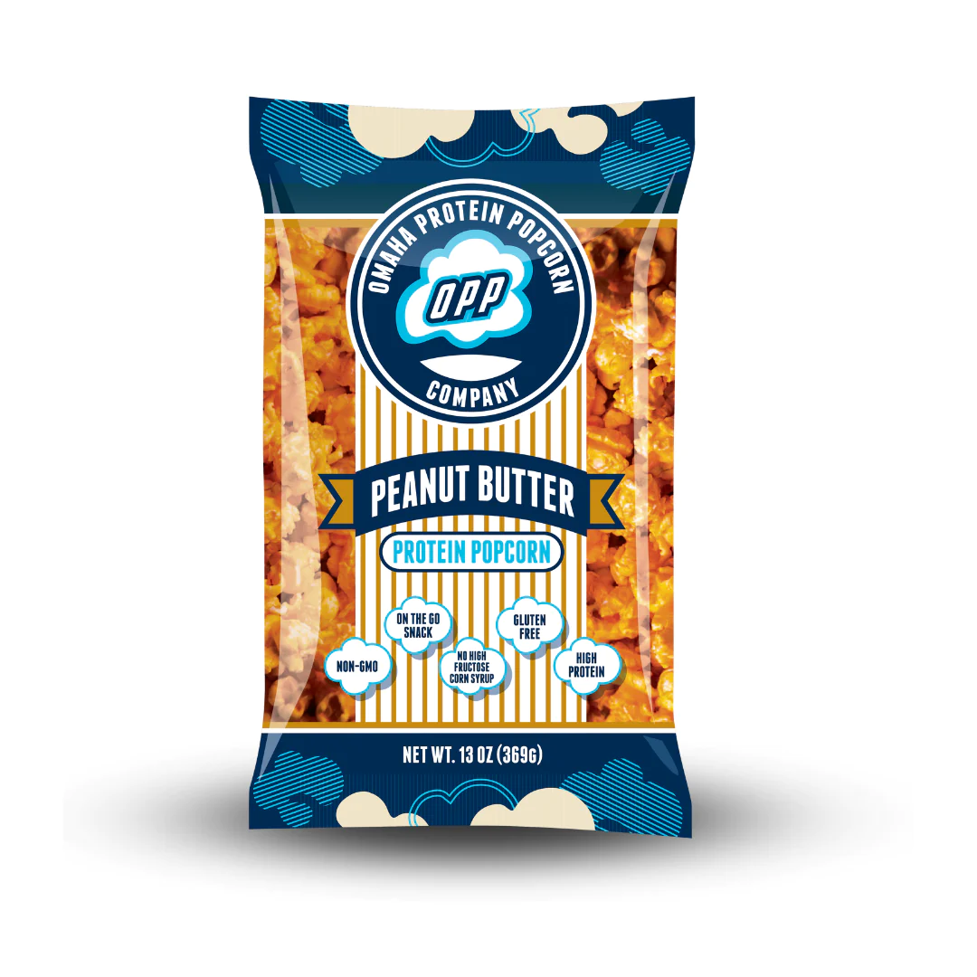 Omaha Protein Popcorn MINI: Peanut Butter flavored, high-protein, non-GMO snack, 13 oz. Ideal for fitness enthusiasts seeking delicious, gluten-free nutrition.