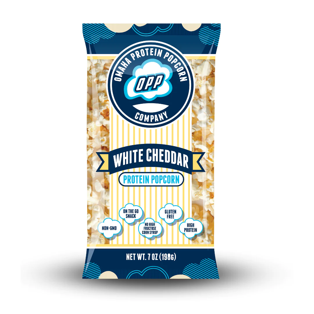 Omaha Protein Popcorn MINI, 7 oz, showcases White Cheddar flavor with high protein, gluten-free, non-GMO features, ideal for an on-the-go healthy snack.
